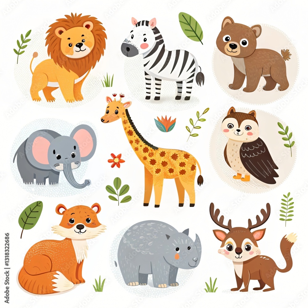 Fototapeta premium Adorable Cartoon Animals Set Lion Zebra Bear Giraffe Elephant Owl Fox Rhino Deer Jungle Wildlife