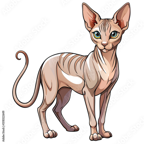A sleek, hairless Peterbald cat stands elegantly, showcasing its unique physique and graceful posture.  One detail is highlighted.