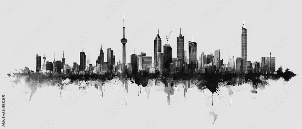Obraz premium Monochrome Cityscape Watercolor Skyline Illustration 