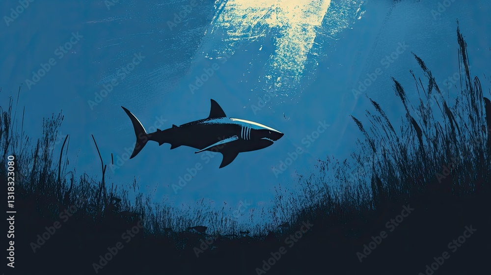 Obraz premium A lone great white shark gliding effortlessly through the deep blue ocean, its silhouette casting a shadow.