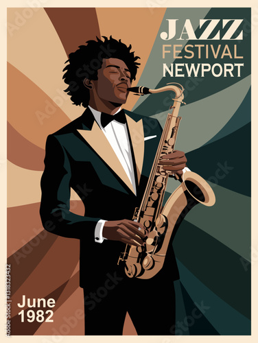 Jazz festival in Newport, June 1982 vintage style poster. African american man in a tuxedo suit playing a saxophone. The poster is colorful and has a retro feel. Vector illustration.