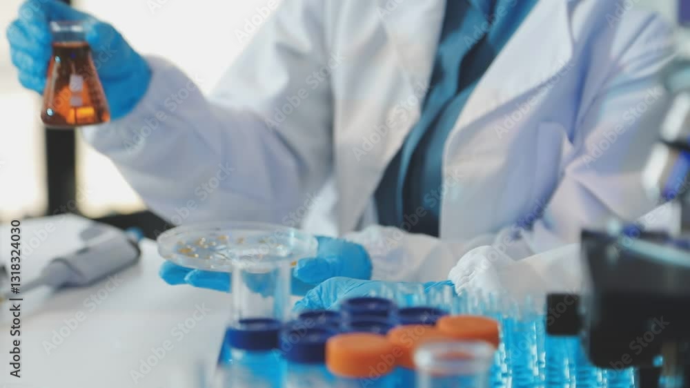 Scientist using microscope in laboratory. Close-up of a researcher's hands adjusting a modern microscope in a lab setting. Science concept Scientist using microscope in laboratory. Close-up of a researcher's hands adjusting a modern microscope in a lab setting. Science concept