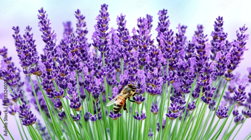 Obraz premium A close-up of a bee feeding on the nectar of lavender buds, surrounded by clusters of lavender blooms, with a soft blue sky in the background