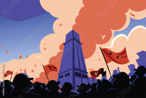 A fiery barricade, towering and ominous, casts an orange glow upon a devastated city street at night.  Flames lick at the debris.