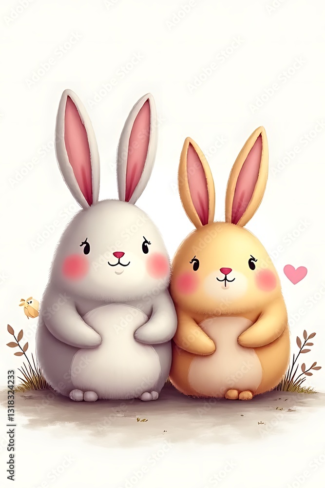 Fototapeta premium Adorable rabbit pair whimsical scene digital art soft colors cute design family concept