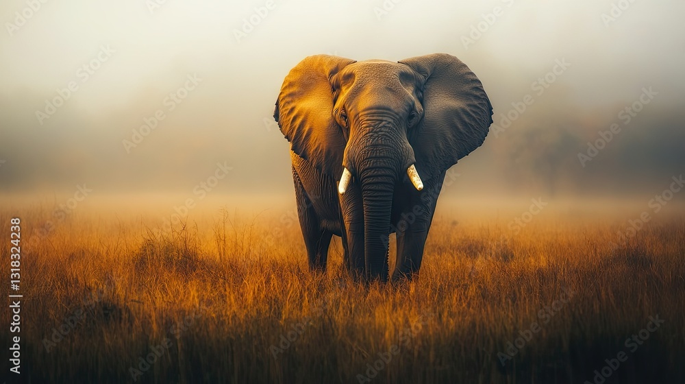 Obraz premium A massive elephant with long tusks standing alone on a foggy morning, surrounded by the untouched beauty of nature.