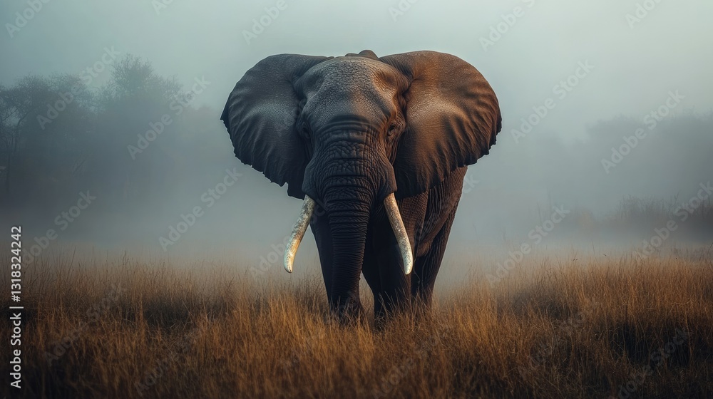 Naklejka premium A massive elephant with long tusks standing alone on a foggy morning, surrounded by the untouched beauty of nature.