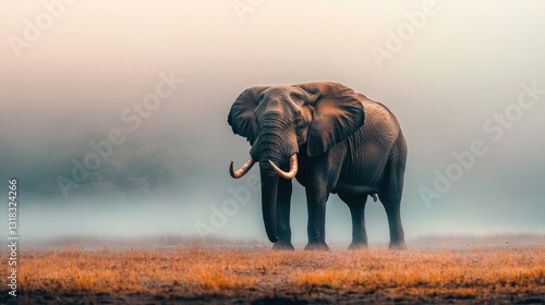 A massive elephant with long tusks standing alone on a foggy morning, surrounded by the untouched beauty of nature.