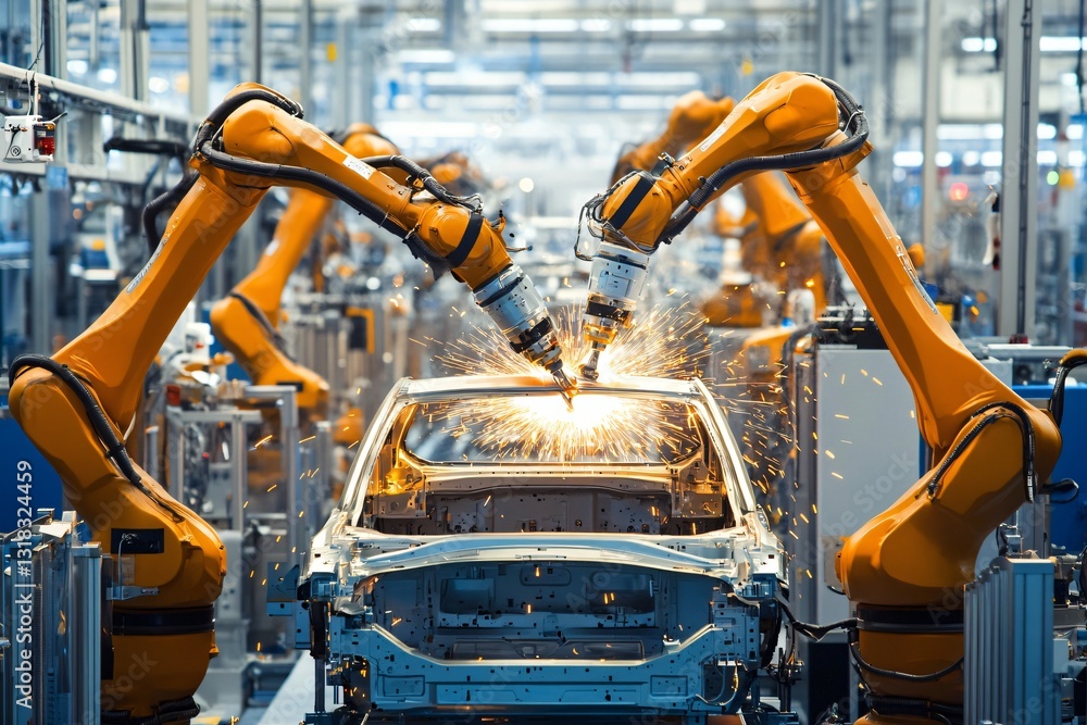 Industrial Robots Welding Car Body in Automated Assembly Line Manufacturing Plant Industrial Robots Welding Car Body in Automated Assembly Line Manufacturing Plant