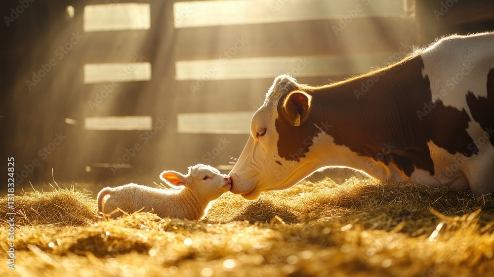 A mother cow gently licking her newborn calf in a barn, surrounded by golden hay and warm sunlight filtering through wooden slats.