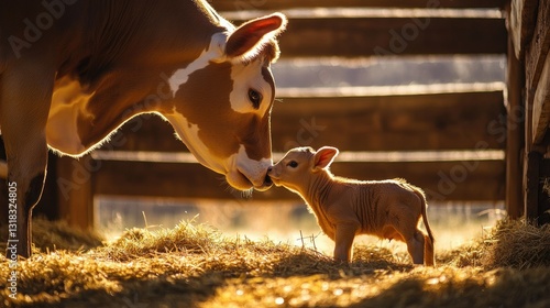 A mother cow gently licking her newborn calf in a barn filled with hay, soft sunlight filtering through wooden slats.