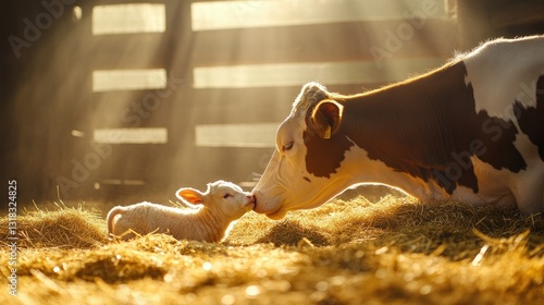 Obraz na płótnie A mother cow gently licking her newborn calf in a barn, surrounded by golden hay and warm sunlight filtering through wooden slats. w salonie