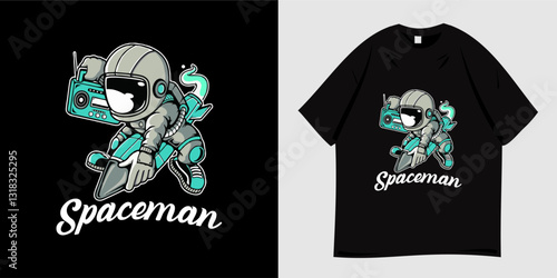Astronaut graphic t-shirt design ready to print. Space suit, outer space, rocket, spaceship and moon symbols. Suitable for t-shirts, apparel, tees, clothing and fashion. Vector illustration