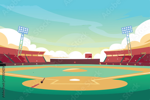 A sprawling, illuminated baseball diamond basks in the warm glow of a setting sun, showcasing the field's details.