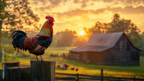 A rooster standing on a wooden fence at dawn, crowing as the sun rises over a rustic farmhouse and barn.