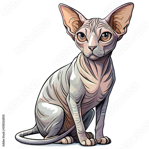 A confident, hairless Sphynx cat sits, showcasing its wrinkled skin and intense gaze.  Capture the unique texture and expression.