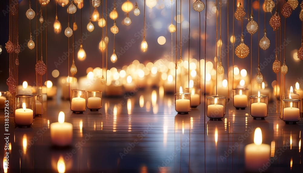 Multiple candles suspended in the air with delicate strings, casting light onto a soft, glowing backdrop for an enchanting feel. Multiple candles suspended in the air with delicate strings, casting light onto a soft, glowing backdrop for an enchanting feel.