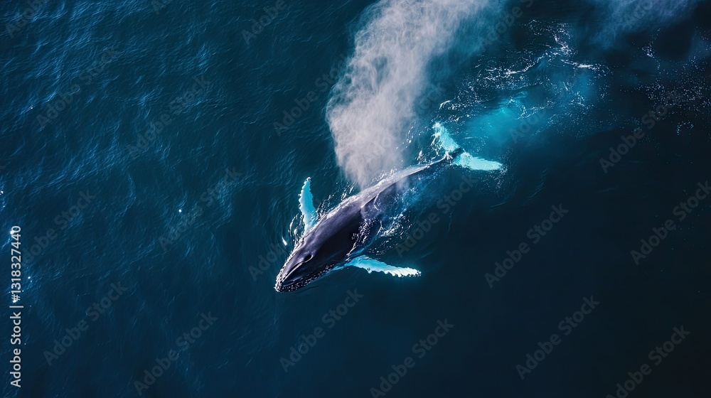 Fototapeta premium A stunning aerial view of a humpback whale surfacing for air, exhaling a misty spout of water.