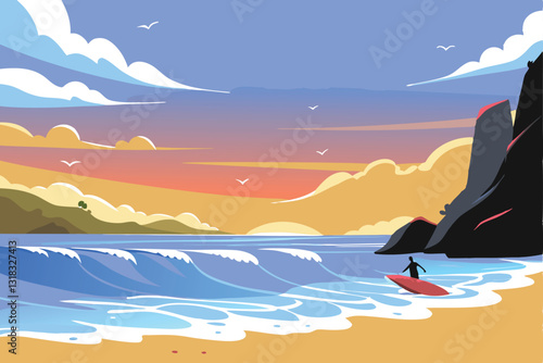 A lone surfer rides a powerful wave in a vast, turquoise ocean stretching to the horizon under a bright, clear sky.