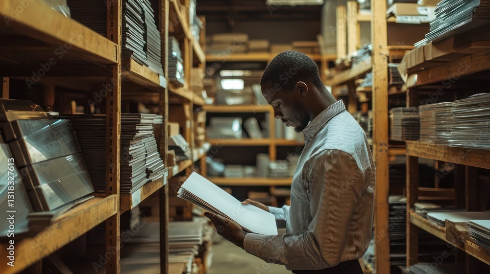 A supply chain manager checking an inventory of engineering materials A supply chain manager checking an inventory of engineering materials