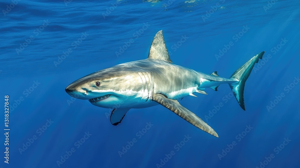 Fototapeta premium A young great white shark swimming in crystal-clear blue waters, showcasing its graceful motion.