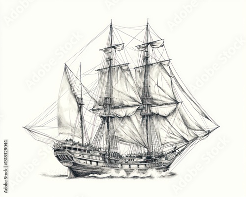 Wallpaper Mural Sailing ship, ocean, drawing, white background, nautical art, historical vessel Torontodigital.ca