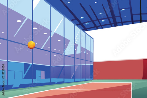 A pristine, sleek indoor squash court illuminated by bright spotlights, showcasing the court's polished floor and vibrant wall markings.  A single squash ball rests centrally.