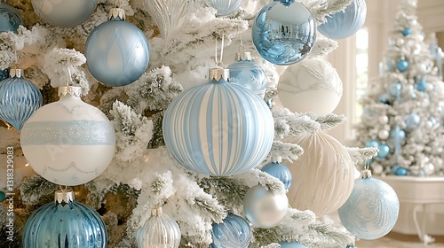 Close-up of a flocked Christmas tree decorated with pastel blue and white ornaments.