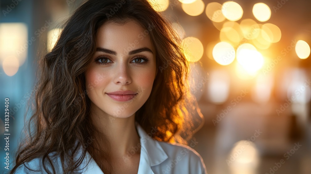 Obraz premium Compassionate Female Healthcare Professional in White Coat, Head and Shoulders Portrait with Soft Side Lighting, Blurred Hospital Background.