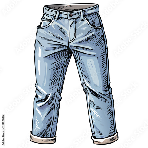 Generate a vector realistic image of low-rise jeans, emphasizing texture and detail of denim fabric, showcasing various washes and stitching.