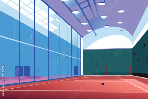 A brightly lit, modern indoor squash court with sleek walls and polished floors; professional sporting atmosphere.
