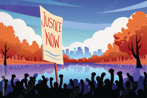 A massive protest sign, reading "JUSTICE NOW," dominates the frame, towering over a crowd, suggesting urgency and widespread social unrest.  The sign's design and material should be clearly visible.