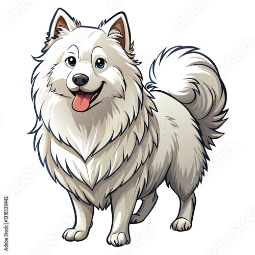 A smiling Samoyed dog with an incredibly thick, fluffy white coat, posing playfully.