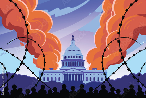 A colossal barbed wire coil encircles a threatened capitol building beneath a dystopian, dark sky.  Illustrate societal oppression and political turmoil.