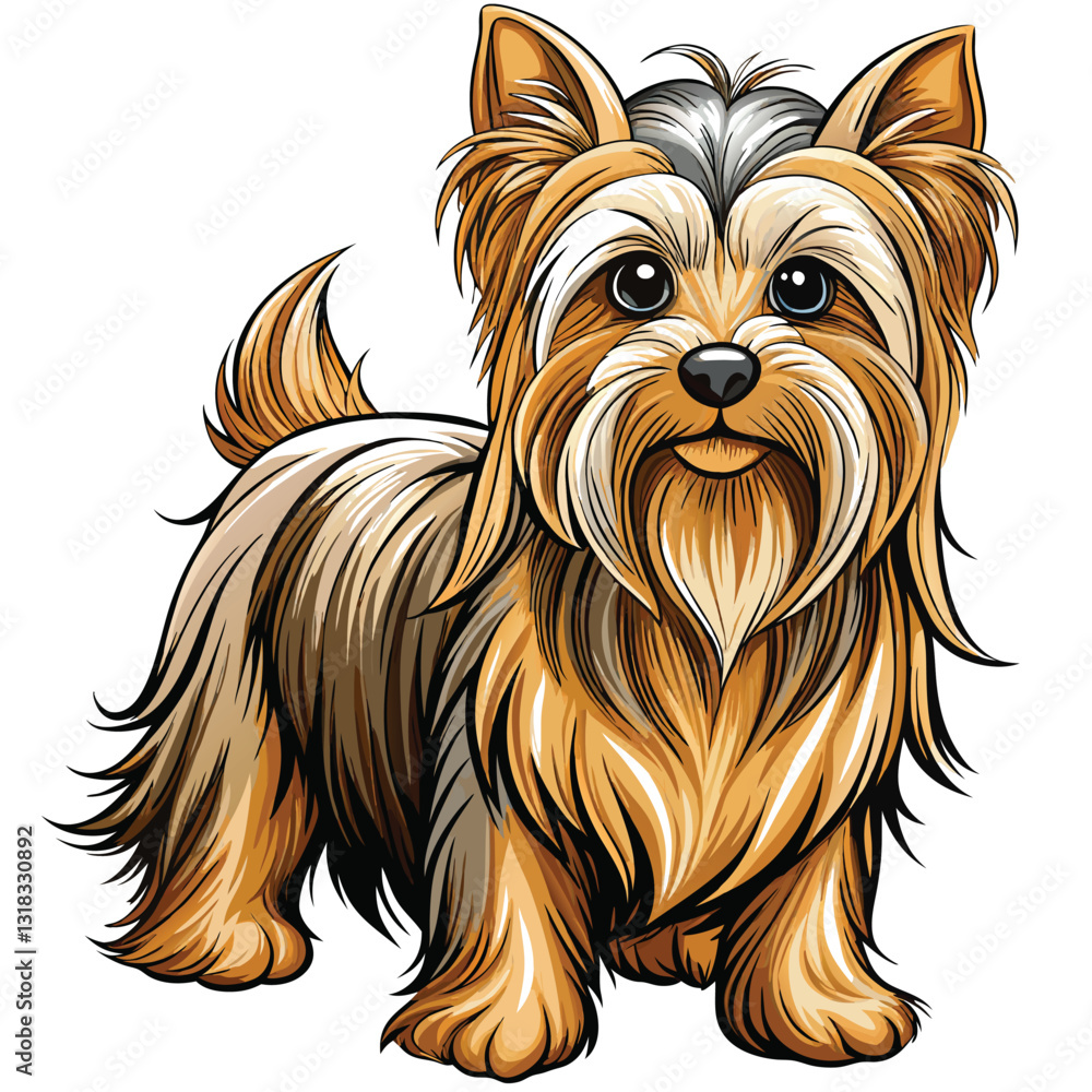 Naklejka premium A majestic Yorkshire Terrier with exceptionally long, silky, flowing fur stands proudly, showcasing its elegant coat.