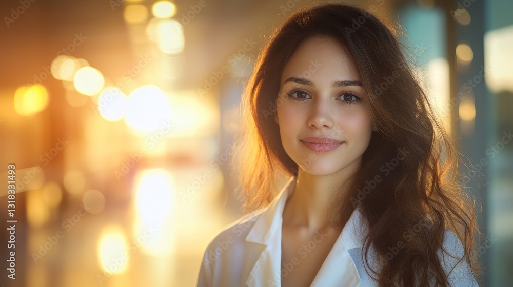 Obraz premium Compassionate Female Healthcare Professional in White Coat, Head and Shoulders Portrait with Soft Side Lighting, Blurred Hospital Background.