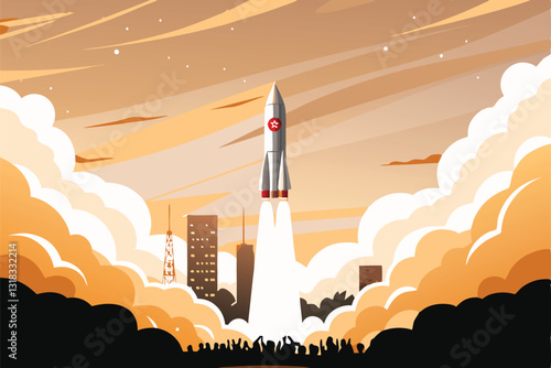 A colossal rocket, emblazoned with a futuristic logo, powerfully ascends, leaving a fiery trail against a twilight sky.