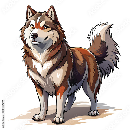 A majestic Alaskan Malamute dog stands proudly in deep, thick snow, its fur thick and pristine.  The scene is serene and wintery.