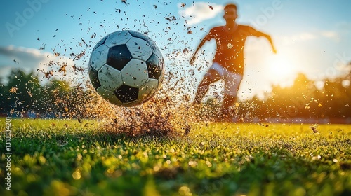 A soccer player’s silhouette captured mid-kick, the ball soaring toward the goal, an embodiment of action and competition. 