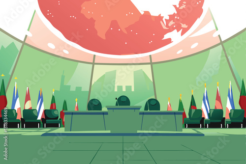 A futuristic summit hall with sleek architecture, under a dramatic vast sky; world leaders convene for a crucial global meeting.