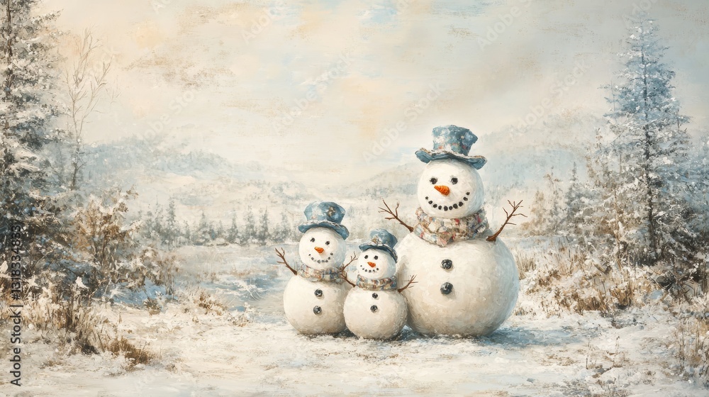 Fototapeta premium Snowman Family Painting: Winter Landscape with Snow Covered Trees