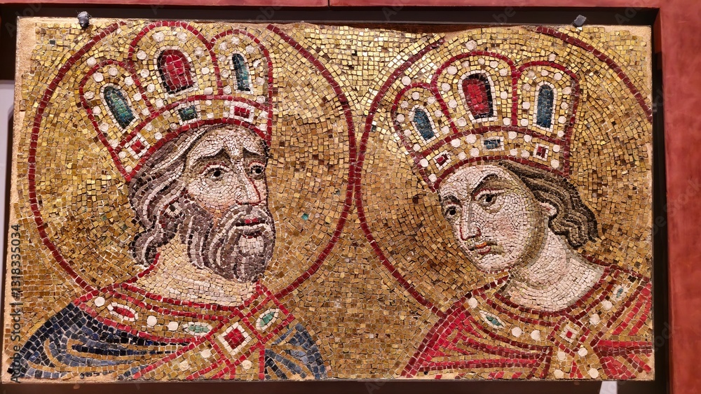 Fototapeta premium Venice, Italy - December 28, 2024: A Byzantine-style golden mosaic from St Mark's Cathedral showing biblical King David and King Solomon, with their crowns and halos clearly displayed.