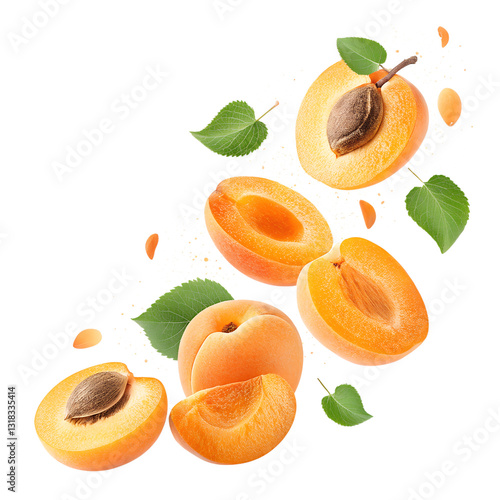 flying falling apricot halves isolated on white background png