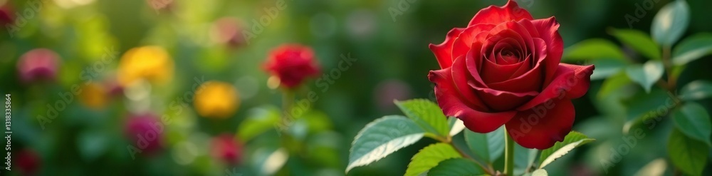Crimson rose in a vase amidst lush greenery and flowers, nature, flora
