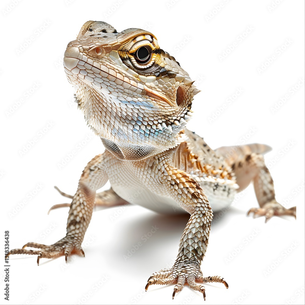 Obraz premium Detailed Portrait of a Colorful Bearded Dragon Reptile on White Background