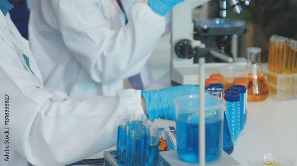 Scientist using microscope in laboratory. Close-up of a researcher's hands adjusting a modern microscope in a lab setting. Science concept Scientist using microscope in laboratory. Close-up of a researcher's hands adjusting a modern microscope in a lab setting. Science concept
