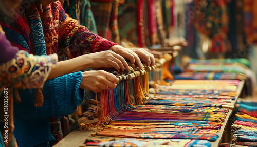 Colorful textiles, hands examining, outdoor market