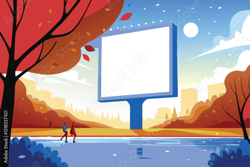 Expansive park bathed in golden sunset light, featuring a large, eye-catching poster advertisement.  Detailed, realistic rendering.