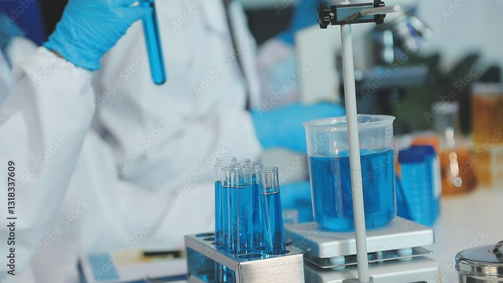 Scientist using microscope in laboratory. Close-up of a researcher's hands adjusting a modern microscope in a lab setting. Science concept Scientist using microscope in laboratory. Close-up of a researcher's hands adjusting a modern microscope in a lab setting. Science concept