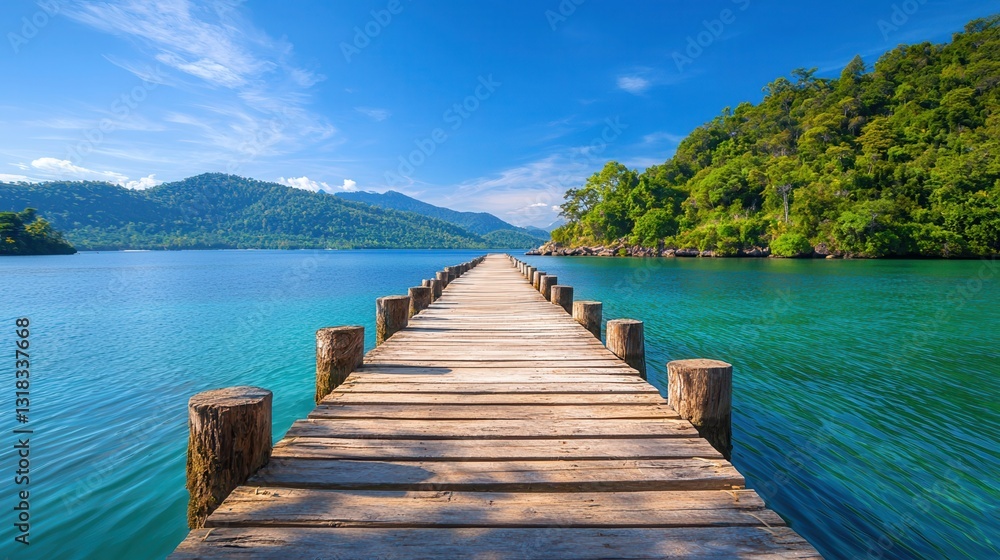 Obraz premium Scenic Wooden Pier Extending Into Tranquil Blue Water Landscape